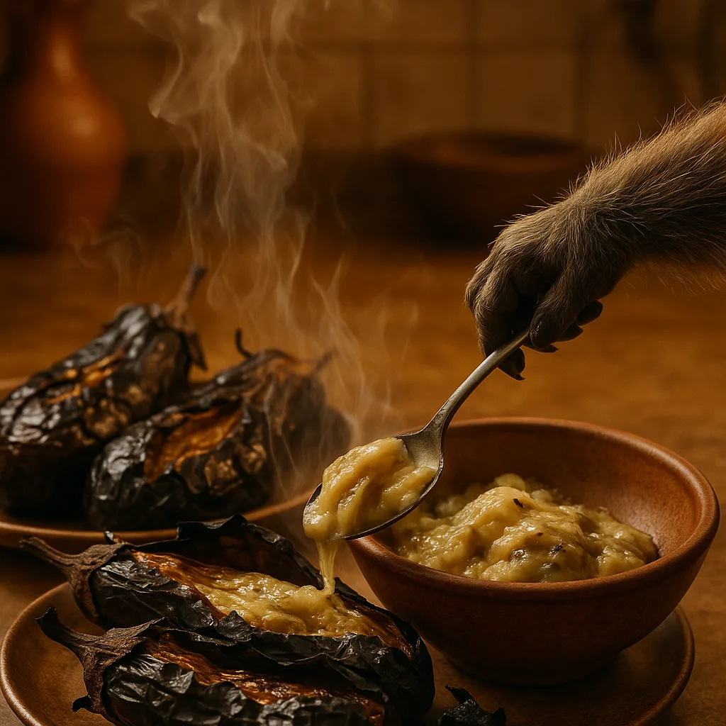 Process shot of scooping roasted eggplant