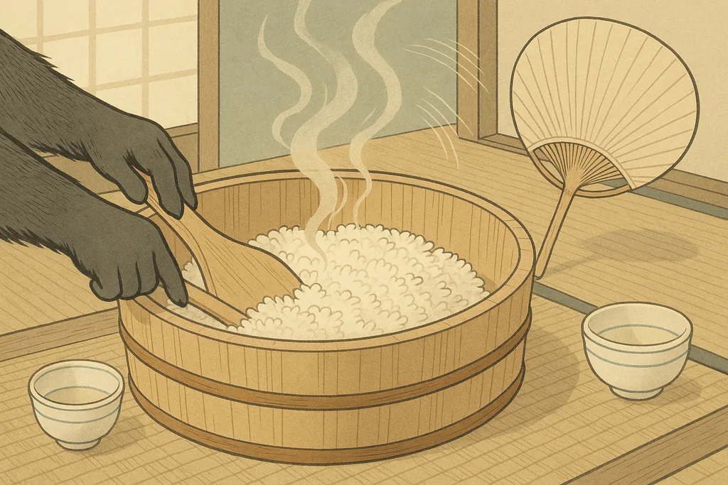 Seasoning sushi rice with vinegar mixture